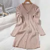 Korobov Korean Single Breasted Pullovers V Neck Puff Long Sleeve Knitted Dress Autumn Winter Office Lady Vintage Dresses Elegant 210430