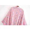 Belleza Moda Estilo de playa Estampado floral suelto largo kimono mujeres boho con cuello en v fajas vestidos de verano para mujer 210514