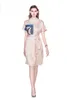 Zomer vintage vrouwen korte mouwen strappy jurk dames gedrukt stiksels satijnen vestidos 210514