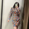 Femmes d'automne fleur imprime les plis robe fille manches longues o cou slim mince sexy mini robes