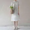 Johnature Frauen Chinesischen Stil Kleid Ramie Stand Kurzarm Cheongsam Sommer Druck Floral A-Linie Taste Kleider 210521