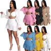 Girls Two Piece Dress Outfits New Style Spuare Neck Lantern Sleeve Tops + Short Pleated Skirt Fashion Ladies Suit 6 Colors