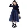 Abiti da ragazza Abito per ragazza adolescente Autunno inverno Manica lunga con paillettes Principessa Elegante patchwork blu Midi Bambini per 6-16 anni