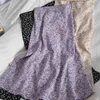 Çiçek Mor Baskı Fırfır Pileli Uzun Etekler Yaz Kadın Kore Tarzı Streetwear İpli Elastik Bel MIDI Etek 210721