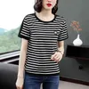 Wwenn Plus Size 4xl夏の女性のトップスとTシャツレディース服コットン縞模様のシャツOネックレディーススリムティーフェミニン210507
