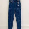Qooth High Waist Double Breasted Classic Basic Denim Pants All-match Chic Simple Skinny Slim Spring Jeans QT455 210518