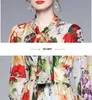 Summer Fashion Runway Boho Maxi Dresse's Bow Neck long sleeve flower Print Dress 210531