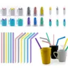 Portable silicone folding drinking straw set with box and brush reusable for outdoor travel kitchen bar