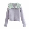 Sweet Woman Loose Purple Patchwork Knit Cardigan Spring Fashion Ladies Peter Pan Collar Knitwear Female Cute Sweaters 210515