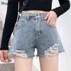 Lâche taille haute mince jambe droite shorts style coréen déchiré bouton solide jambe large chemises pour femmes plus taille 9515 210518