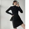 Sexy Womens Drape Vestido Bodycon Manga Longa Sólida Preto Escritório Casual Senhora Básico Vestidos de Montagem 210608