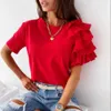 Katı Kadın Tshirt Moda Ruffles Kısa Kollu Yuvarlak Boyun Tunik Rahat Yaz Üstleri X0628