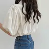 Kleur borduurwerk blouse vrouwen zomer ronde hals losse single breasted puff shirt shirt vrouw 5E38 210427