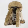 Oftbuy Vinterjacka Kvinnor Lång Parka Real Fur Coat Natural Raccoon Collar Hood Tjock Varm Streetwear Parkas 211018