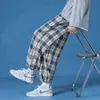 Men Polyester Loose Japan Harajuku style Grid Wide Pants Men Casual Drawstring Elastic Leg opening Ankle Length Pants Men 211112