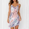 Drap V Neck Strap Women's Dress Sexy Backless Tie-dyed Party Mini es Sleeveless Beach Boho Short Purple 210427