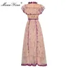 Mode Runway Dress Spring Summer Women's Dress Stand Collar Mesh Butterfly Sleeve Floral-Print Lace Eleganta Klänningar 210524