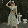 デザイナーブラレットクロップトップレディーストリミングカムポリカドットPUレザーPepplum Green Bustier Fashion 210427