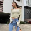 Yedinas Sexy Slim Mesh Crop Top Femmes Flare Manches Hors Épaule Slash Cou Moulante T-shirts Voir À Travers Streetwear Printemps 210527