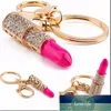 Kvinnor Smycken Charm Crystal Keychain Läppstift Key Holder Rhinestone Keying Röda Rose Pendant Nyckelring Ringar