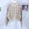 Höst Vinter Plaid Sweater Kvinnor Koreanska Lazy Wind Short Loose Casual Checkered Lantern Sleeve Pullovers Girls 210914