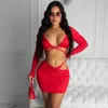 Solid Color Deep V Neck Long Sleeve Bandage Crop Top Tunic Mini Bodycon Dresses Sexy Party And Wedding Women Sets With Skirts 210525