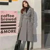 Kış Houndstooth Kore Yün Uzun Kemerli Ceket Ceket Kadın Kol Çentikli Yaka Moda Zarif Paltolar Tops 210513