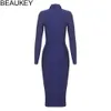 Beaukey Winter Long Sleeve Deep V Neck Sexig kvinnor Högkvalitativ Bodage Bodycon Dress Loyal Blue Kne Length XL Billiga Vestido 210322