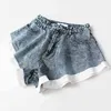 [EAM] Women Denim Blue Ruffles Stitch Wide Leg Shorts High Waist Loose Fit Trousers Fashion Tide Spring Summer 1Y104