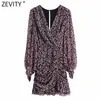 Zevity Spring女性クロスVネックフラワープリントプリーツミニドレス女性裾フリルスリムキモノvestidosシックな服DS4859 210603