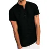 Man Kortärmad Linne Knapp T-shirt O-Neck Fashion Summer Solid Casual Bomull Henley Loose Blouse Tee Top Men Kläder 210726