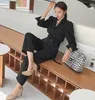 Hohe Qualität Formale Büro Frauen Anzüge Herbst Zweireiher Kerb Arbeit Mantel + Mode Hohe Taille OL Hosen Formale 2 PC Set 210518