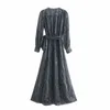 Frauen Kleid Gedruckt Crossover V-ausschnitt Lange Bündchen Ärmel Wrap-stil Gürtel Langes Kleid vestidos femme robe 210709