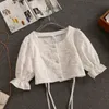 Sweet Fashion Two Piece Set Women Crop Top Puff Sleeve Kort skjorta Blus + Hög midja A-Line Mini Kjolar 2 Passar 210514