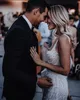 Glittering Sequined Beach Boho Wedding Gowns 2022 Modern Square Neck Sexy Open Back Spaghetti Straps Mermaid Bridal Dress Sweep Train robes de mariée Arabic CG001