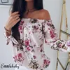 Damskie Bluzki Koszule Kobiety Off Ramię Kwiatowa Bluzka Koszula Sexy Topy Los Loose Flower Print Summer Moda 3/4 Rękaw Slash Neck Top