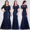 Formal Evening Dresses Ever Pretty Mermaid O Neck Short Sleeve Lace Appliques Tulle Long Party Gowns Robe Soiree Sexy SH190828315d