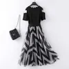 Women Plus Size Mesh Black Long Dress Elegant Off Shoulder Summer Dress Striped waves Sexy Casual Office Ladies wear Party Club 210619