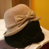 Japonia Styl Retro Brytyjski Zima Ciepła Wełna Mieszany Bowknot Cloth Brim Lady Bucket Cap Kobiety Leisure Hat