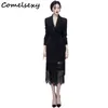 Spring High Quality Lace Up Blazer Patchwork Lace Dress Women Fashion Långärmad Hollow Out Empire Mid Dresses 210515