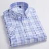 高品質メンズオックスフォードカジュアルシャツレジャーデザインチェック柄メンズソーシャルシャツ100％コットン半袖メンズドレスシャツ210708