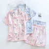 Japansk enkel kort pyjama 100% bomull ärmar damer pyjama sätter s gulliga tecknade sovkläder hemliga 210809