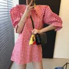 Korejpaa Women Dress Summer Korean Chic Girls Western Style Young Ears Colletto per bambola Ampia manica a sbuffo allentata Plaid Vestidos 210526