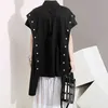 Streetwear Koreaanse stijl vrouw zomer tops zwarte blouse lange kanten knopen versierd casual vrouwelijk shirt chemise femme 5097 210326