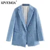 KPYTOMOA KVINNOR FASHION OFFICE Wear Double Breasted Tweed Blazer Coat Vintage Långärmad Frayed Kvinnlig Ytterkläder Chic Toppar 210930