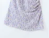 Summer Purple V-Neck Printed Chest-Wrapped High Waist Puff Sleeve A-Line Dress Female Trend Fashion 210508