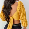 Cotton Yellow Spring Summer Crop Shirt Top Square Collar Bandage Sexy Long Sleeve Women Blouse Feminina Puff Sleeve Shirts 210514