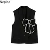 Neploe Women Vest Beading Bow Black Waistcoat Single Breasted Tank Jackets Korean Fashion Sleeveless Loose Streetwear Tops Femme 210422