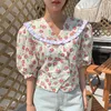 Elegant Wooden Ear Edge Splicing Peter Pan Collar Floral Double Breasted Loose Puff Sleeve Shirt Summer Vacation 16W947 210510