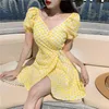 Mulheres Verão Elegante Amarelo Bordado V-Neck Slow Sleeve Ruffled Lace Up Casual Slim Vestidos 210519